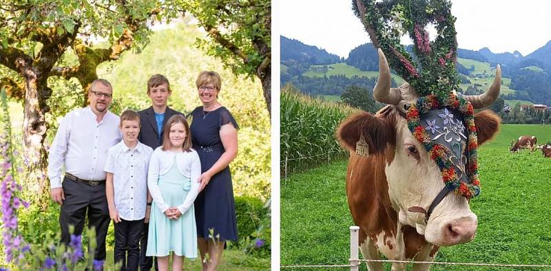 Familie Widmann vom Zotnhof und daneben eine geschmückte Kuh